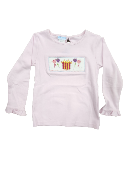 Birthday Smocked Light Pink Knit Ruffle Long Sleeve Shirt