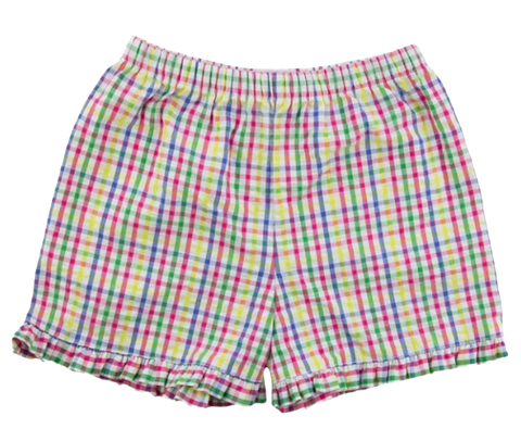 Plaid Seersucker Shorts with Ruffle Hem