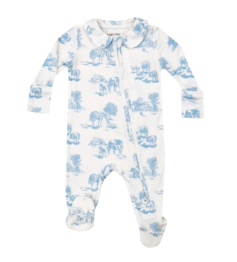 Farm Toile Blue Peter Pan 2 Way Zipper Footie