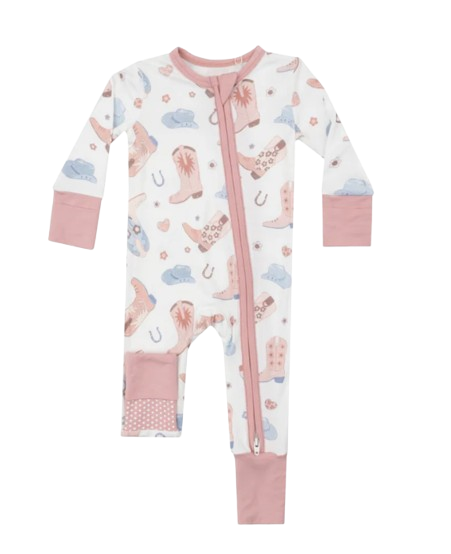 2 Way Zipper Romper - Cowboy Boots - Pink