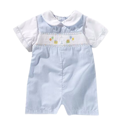 Short-Sleeve Birthday-Themed Picture Smocked Romper