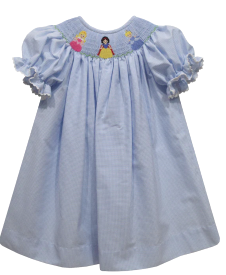 princess smocked dress Princess Smocked Light Blue Check Short Sleeve Girls Bishop 2 - High Quality Apparels