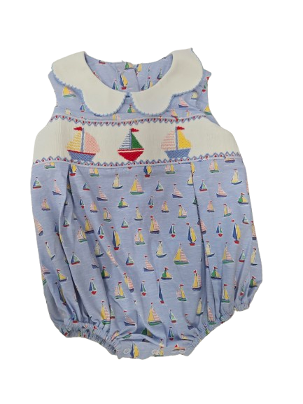 Girls Sailboat Knit Sleeveless Pleat Front Bubble