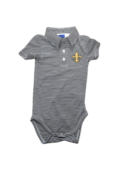 Stripe Polo Onesie Fleur de Lis Embroidered Black and White