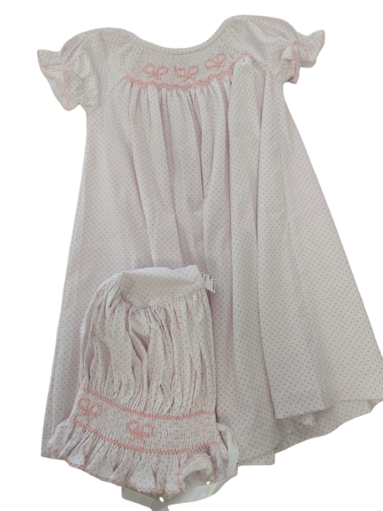 Girls White w/Pink Mini Dot Smocked Bow Daygown & Bonnet