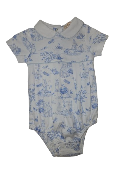 Blue Toile Bunnies Printed Bubble with Round Collar