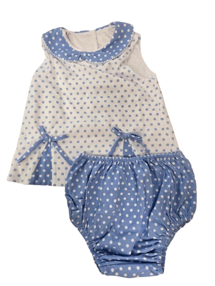 Girls White/Blue Dot Pleated Front Peter Pan Collar Bloomer
