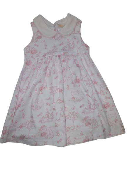 Pink Toile Bunnies Handed Printed Dress with Round Collar