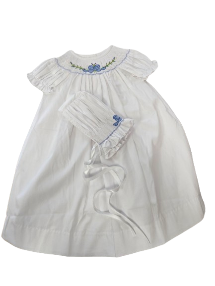 Girls White Smocked Delicate Blue Bow Daygown & Bonnet7