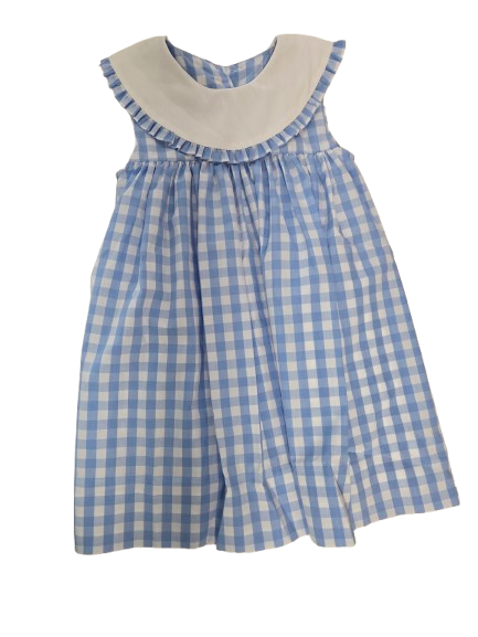 Girls Blue Check with Round Ruffle Collar Sleeveless Float Dress