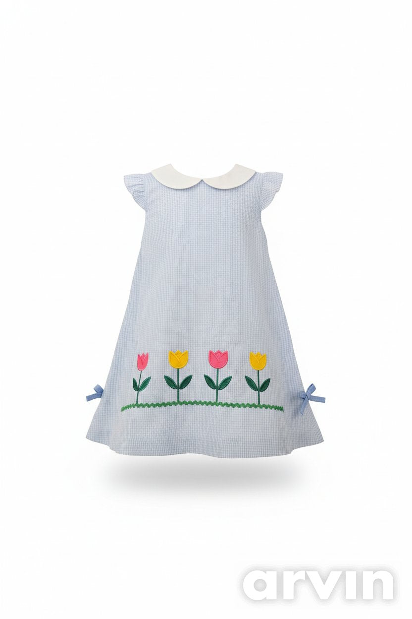 A-Line Tulips Applique Light Gingham Dress* 3T