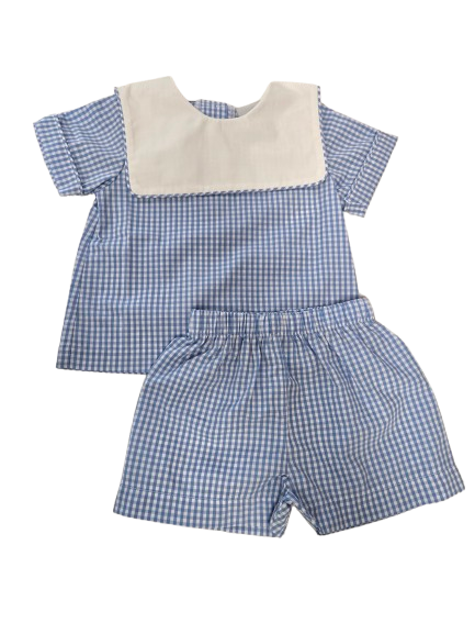 Boys Blue Check Shorts w/White Square Collar Shirt