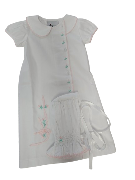 Girls White Side Button Shadow Pink Bow Daygown & Bonnet