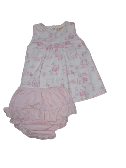 Pink Toile Bunnies Handed Smocked Printed Dress