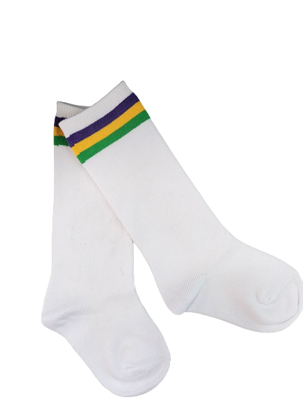 Mardi Gras Knee Socks - W/Purple Green and Gold Stripe