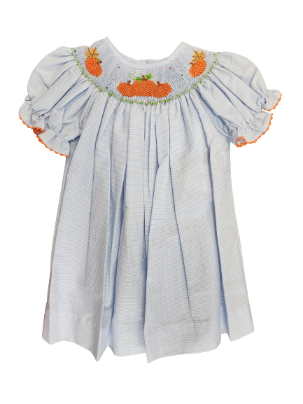 Pumpkins Cluster Smocked Light Blue Check Short Sleeve Dress