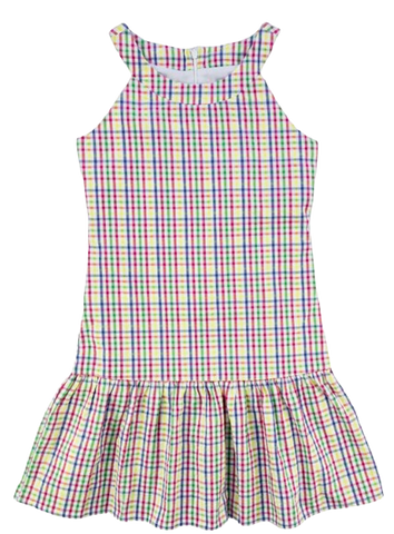 Plaid Seersucker Dress with Hem Ruffle