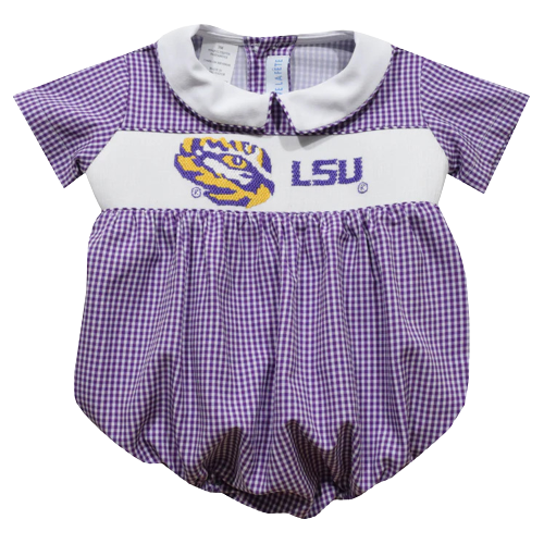 LSU Tigers Smocked Purple Gingham Short Sleeve Bubble