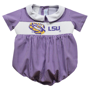 LSU Tigers Smocked Purple Gingham Short Sleeve Bubble