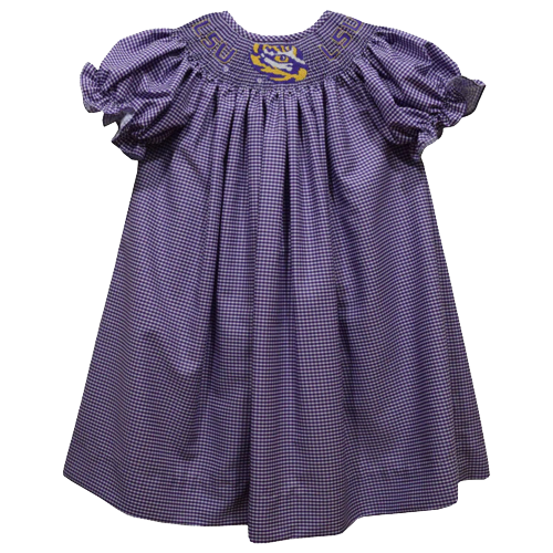 LSU Tigers Smocked Purple Gingham Short Sleeve Dress