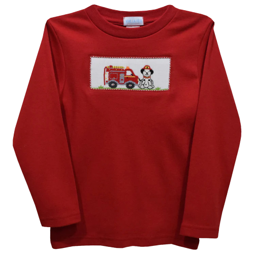 Firetruck & Dalmatian Smocked Red Knit Long Sleeve Shirt