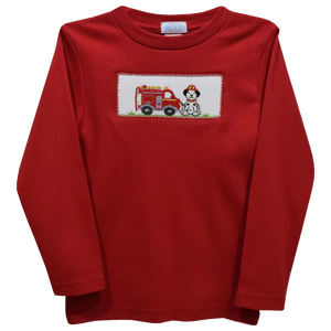 Firetruck & Dalmatian Smocked Red Knit Long Sleeve Shirt