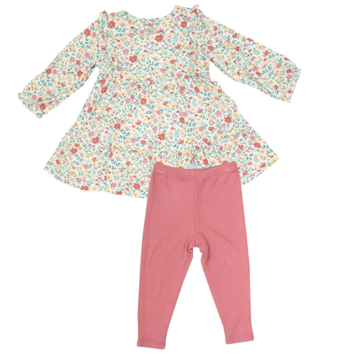 Ruby's Garden Ditsy Ruffle Tiered Dress and Leggings Multi Pink