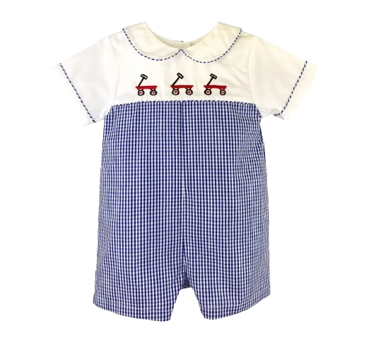 Petit Ami Navy Check Romper with a Red Wagon