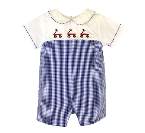 Petit Ami Navy Check Romper with a Red Wagon