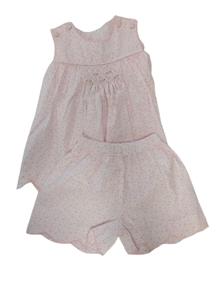 Girls Soft Pink Petal Smocked Button Shoulder Short Set*