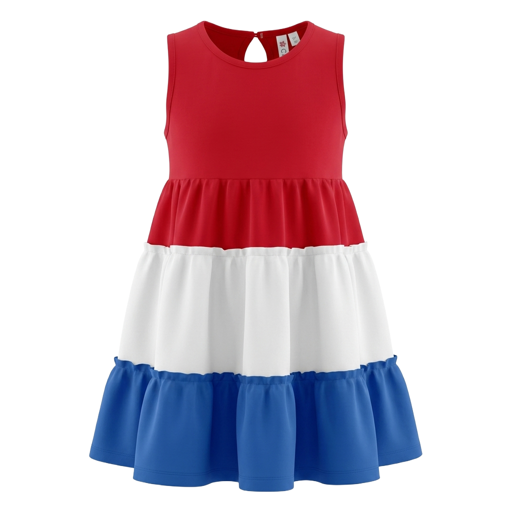 Multi Tier Color Block Dress Reb, White, & Blue 5