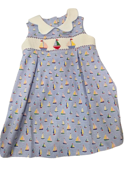 Girls Sailboat Knit Sleeveless Pleat Front Dress