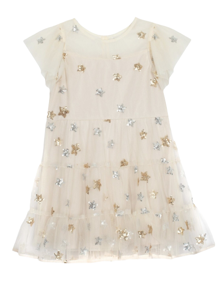 Nutcraker Rib Knit and Embroidered Tulle Dress - Ivory