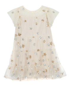 Nutcraker Rib Knit and Embroidered Tulle Dress - Ivory