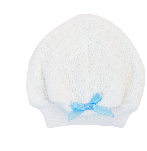 White Beanie Cap w/Blue Bow