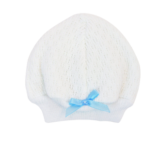 White Beanie Cap w/Blue Bow