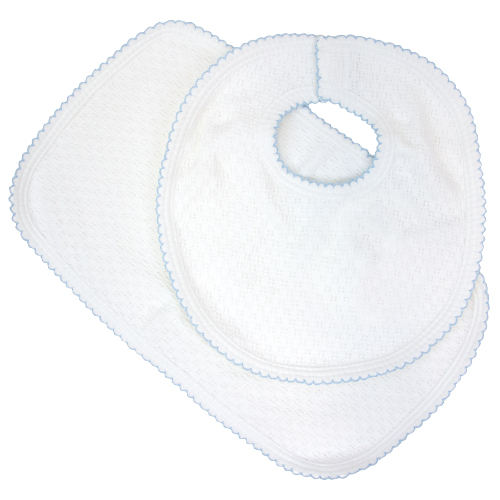 Paty Bib and Burp Set White w/Blue Trim