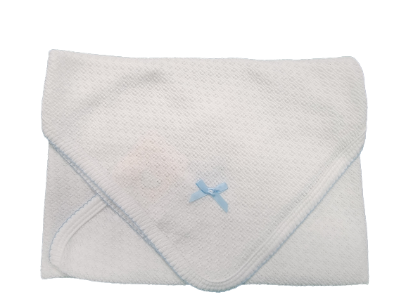 Paty Receiving Blanket w/Bow - White w/Blue Trim