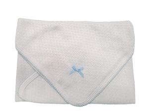 Paty Receiving Blanket w/Bow - White w/Blue Trim