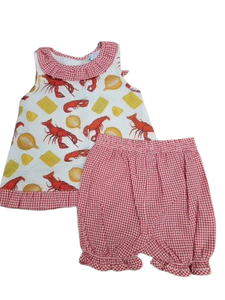 Abby Crawfish Bloomer Set Red Check Bottoms