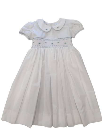 White Short Sleeve Blue Smock Waist Dress