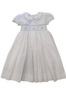 White Short Sleeve Blue Smock Waist Dress