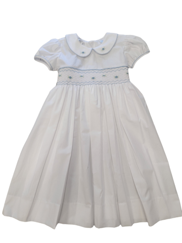 White Short Sleeve Blue Smock Waist Dress
