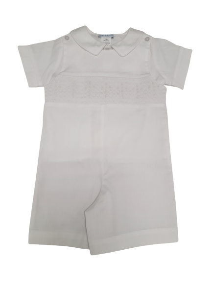 Geometric Smocked White Pique Shortall
