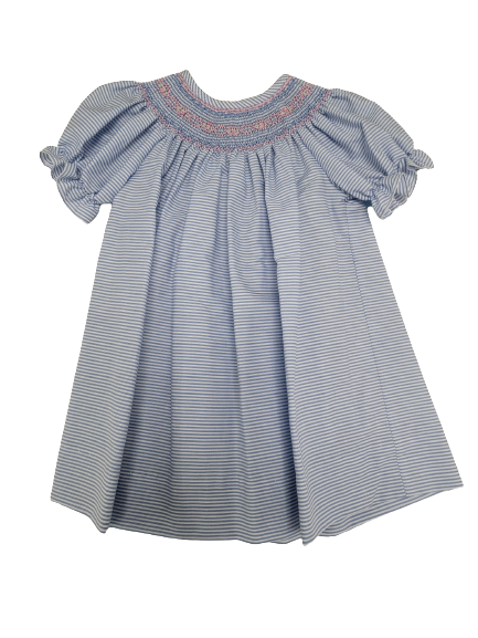 Geometric Smocked Blue Stripe Bishop Dress