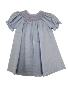 Geometric Smocked Blue Stripe Bishop Dress