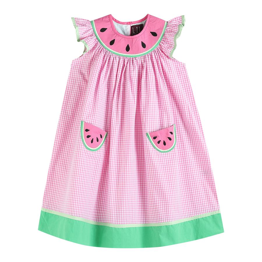 Pink Gingham Watermelon Smocked Bishop Dress