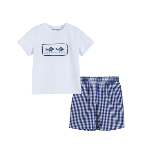 White Shark Applique Crewneck Tee & Blue Gingham Shorts