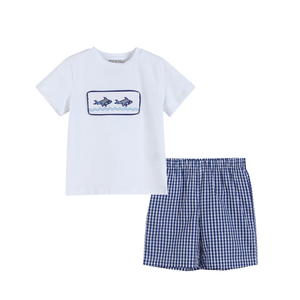 White Shark Applique Crewneck Tee & Blue Gingham Shorts