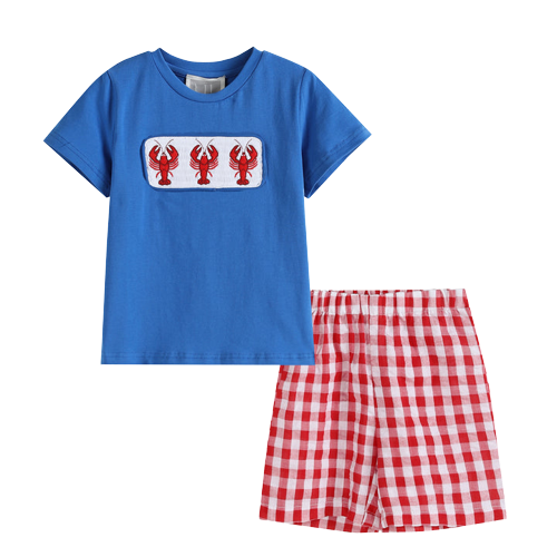 Blue Crawfish Smocked T-Shirt & Red Gingham Shorts
